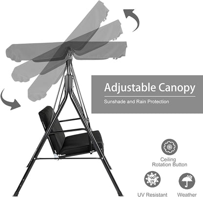 AECOJOY Porch Swing with Stand, Outdoor Swings for Adults, 3-Seat Outdoor Swing with Canopy, Outside Swing Bench with Removable Cushion, Suitable for Backyard, Garden, Yard, Poolside, Balcony (Black)