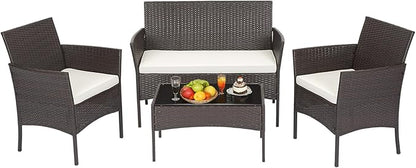FDW | 4-Piece Patio Furniture Set | Brown | Outdoor Wicker Furniture with Coffee Table | Modern Rattan Chairs Conversation Set | Outdoor Seating | Weather-Resistant | for Porch, Garden, Lawn