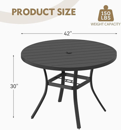 MELLCOM 42'' Round Outdoor Dining Table for 4, Metal Patio Dining Table with Umbrella Hole, All-Weather Black Table for Porch, Garden, Backyard, Poolside, Lawn