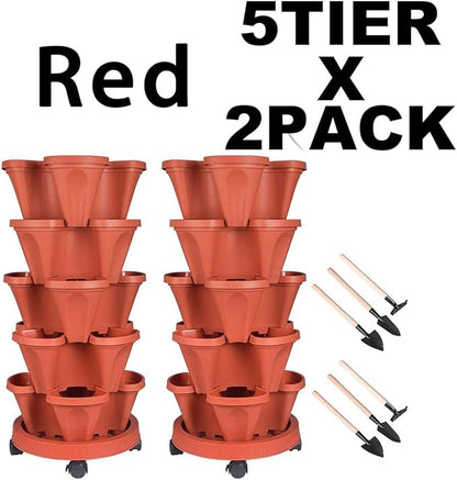 GameXcel Vertical Planter 5 Tier Stackable Planters Garden Planters Strawberry Herb Flower and Vegetable Planter Indoor Outdoor Gardening Pots with Removable Wheels and Tools 2-Pack