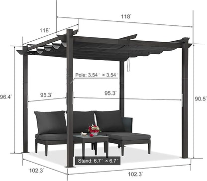 PURPLE LEAF Outdoor Retractable Pergola with Curtains 10' x 10' Patio Aluminum Pergola with Sun Shade Canopy for Backyard Deck Garden Modern Metal Pergola, Gray