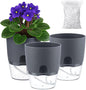 3 Pack Self Watering Pots for Indoor Plants, PlanterHoma 6 Inch Plant Pot Plastic Self Watering Planter for Orchid, African Violet, Small Clear Flower Pots with Drainage Holes and Wicking Rope, Grey