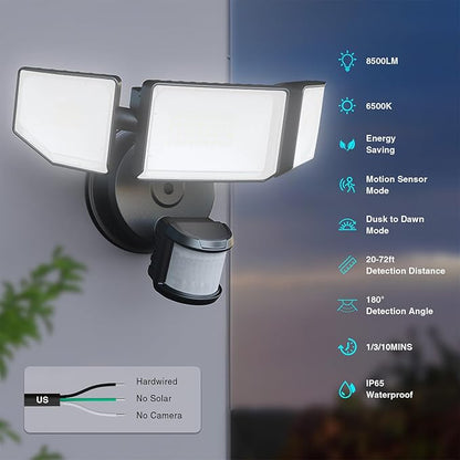 85W Motion Sensor Outdoor Light, 8500LM Ultra-Bright LED Security Light with 3 Adjustable Heads, IP65 Waterproof Dusk to Dawn Flood Light for Garage, Yard, and Driveway, 6500K Daylight, Black