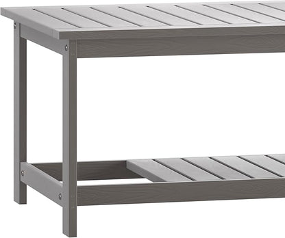 BizChair Two Tiered Commercial Grade Adirondack Coffee Table - Gray Finish Poly Resin Wood - All-Weather - Slatted Shelf Design