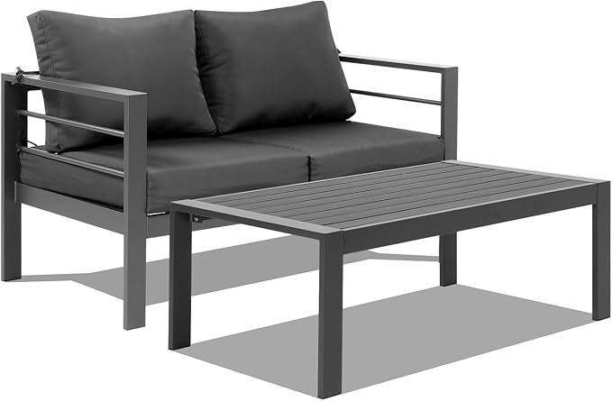 VINGLI 2-Piece Outdoor Patio Furniture Aluminum Love-seat and Coffee Table Set, Modern Patio Sofa Set (Gray)