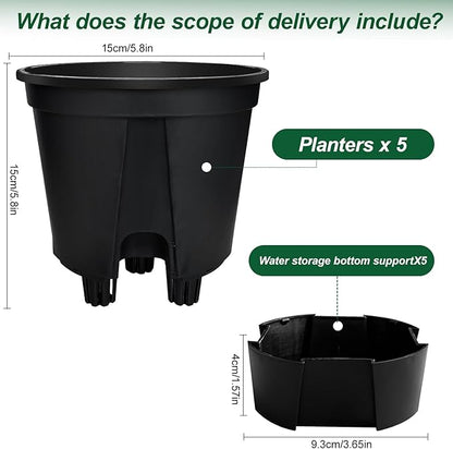 Cdd's Path 5-Pack 6 Inch Naked Root Planter Self Watering Pots Set with Holes for Indoor/Outdoor Plants, Planter Pot with Watering Hole/Reservoir and Air Pipes, Black