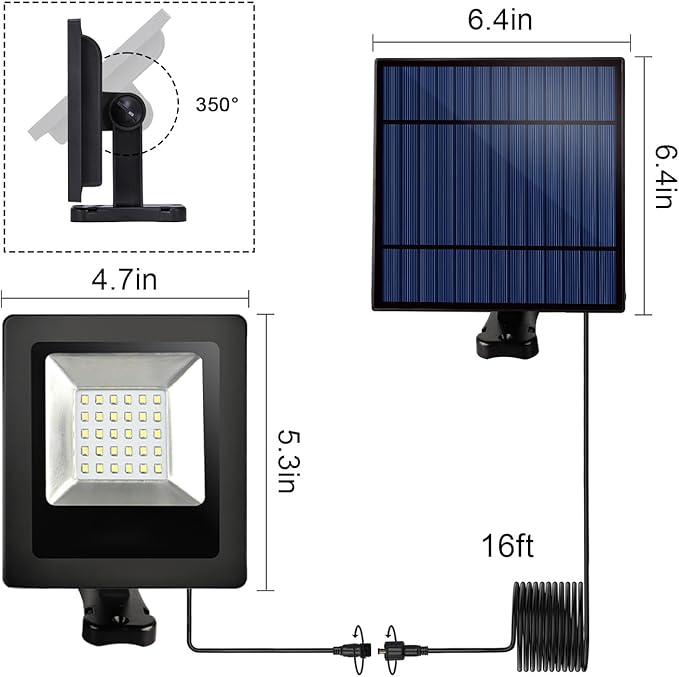 Solar Lights Outdoor Waterproof with 16FT Cord Dusk to Dawn 4400mAh LED Flood Light 6000K Security Lighting for Outside, Flag Pole, Porch, Shed (White 2 Pack)