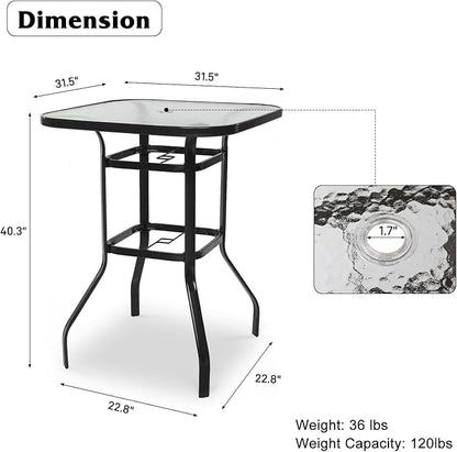 VINGLI Outdoor Bar Table with Umbrella Hole, Modern Black Metal Patio Bar Table, High Top Table for Outdoor Relaxation and Home Entertaining (Black, 31.5'x31.5'x40.3')