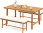 Tangkula 3 Piece Patio Dining Set for 4 People, 63” Outdoor Acacia Wood Rectangular Table with 1.97” Umbrealla Hole & 2 Cushioned Bench, for Deck Yard and Poolside