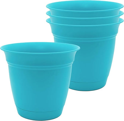 The HC Companies 6 Inch Eclipse Round Planter Pots with Drainage Holes & Attached Saucer, Lightweight UV-Resistant Plastic Indoor & Outdoor Planters, 4-Pack Flower Pots for Garden & Home Decor, Teal