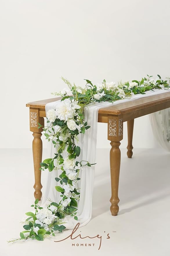 Artificial Flower Garland, 6 ft Eucalyptus Runner in White and Olive