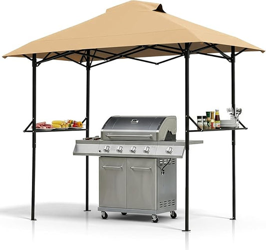 VINGLI 8x5 Pop Up Grill Gazebo BBQ Gazebo with 2 Side Shelves, Outdoor Grill Canopy BBQ Canopy Adjustable Height, Grilling Pergola for Patio Garden