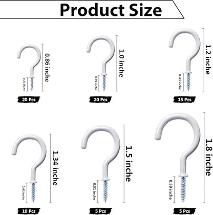 75 Pcs Ceiling Hooks for Hanging Plants, Cups, Utensils Vinyl Coated Screw-in Mug Hooks for Wooden and Drywall–Multi Size Sets (1/2 inch,5/8 inch,3/4 inch,7/8 inch,1 inch,1-1/4 inch)