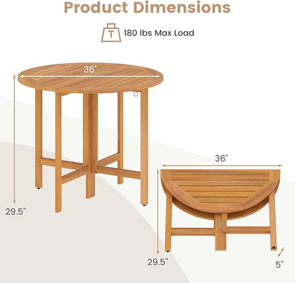 Tangkula 36 Inches Outdoor Folding Round Dining Table, No Assembly Patio Acacia Wood Bistro Table with Slatted Tabletop, 4-Person Outside Dining Furniture for Backyard, Porch, Balcony