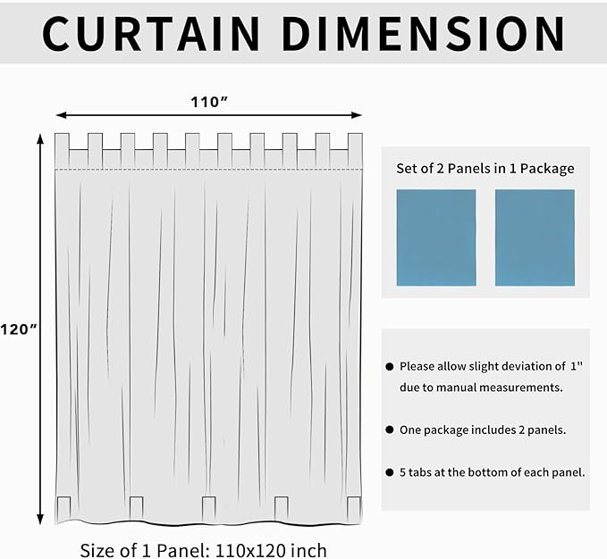 Easy-Going Outdoor Patio Curtains Detachable Tab Top Windproof Weatherproof Curtain for Cabana, Porch, Pergola and Gazebo, Tab Bottom Drape, 2 Panels, 110W x 120L inch, Sky Blue
