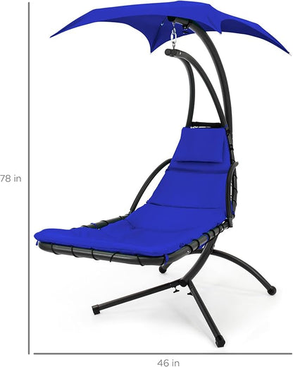Best Choice Products Outdoor Hanging Curved Steel Chaise Lounge Chair Swing w/Built-in Pillow and Removable Canopy - Resort Blue