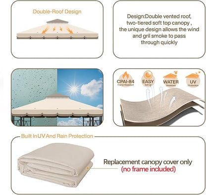 10x10 Canopy Replacement Top Double Tiered Gazebo Cover for Yard, Patio & Garden Durable Sunshade Replacement (BeigeBrown with lace)
