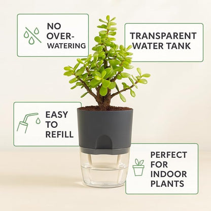 Self Watering Planter Pot with Upgraded Wick System – Modern Indoor Plant Pot with Visible Water Reservoir