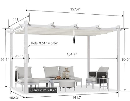 PURPLE LEAF 10' x 13' Aluminum Outdoor Pergola White Retractable Pergola with Double Sun Shade Canopy Wind-Resistant Heavy-Duty Metal Pergola for Patios Deck Backyard Garden, White