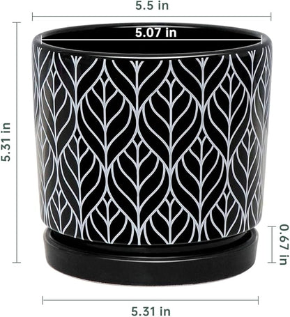 Ton Sin Flower Pots,5.5 Inch Black Ceramic Planter with Drainage Hole,Indoor Cylinder Plant Pots with Saucer,Cactus Succulent Outdoor Garden Pots Set of 4