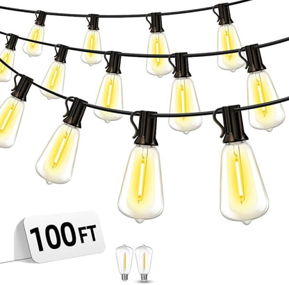 Outdoor Patio String Lights 100ft: ST38 LED Shatterproof Bulbs 3 Modes Button Control - Waterproof Connectable Lights - Wedding Bistro Party Gazebo Backyard Decorative