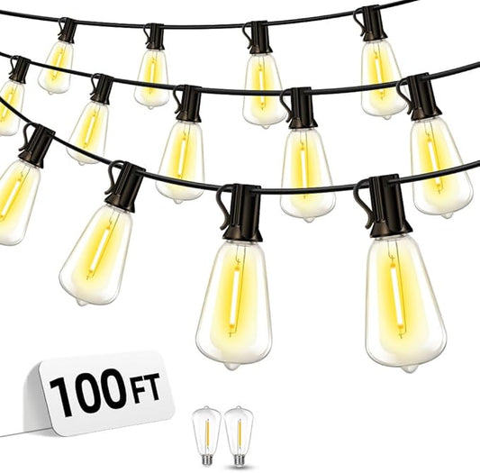 Outdoor Patio String Lights 100ft: ST38 LED Shatterproof Bulbs 3 Modes Button Control - Waterproof Connectable Lights - Wedding Bistro Party Gazebo Backyard Decorative