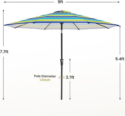 MEWAY 9ft Patio Umbrella Outdoor Table Umbrellas with Push Button Tilt and Crank, Market Umbrella 8 Sturdy Ribs for Deck, Garden, Pool and Backyard, Blue-Green Stripe