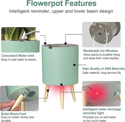 7.8 Inch Planter Pot with Metal Craft Legs, Self Watering Planter Pots with Water Shortage Alarm Planter Pot for Indoor Outdoor Modern Planter for Home & Garden (Green)