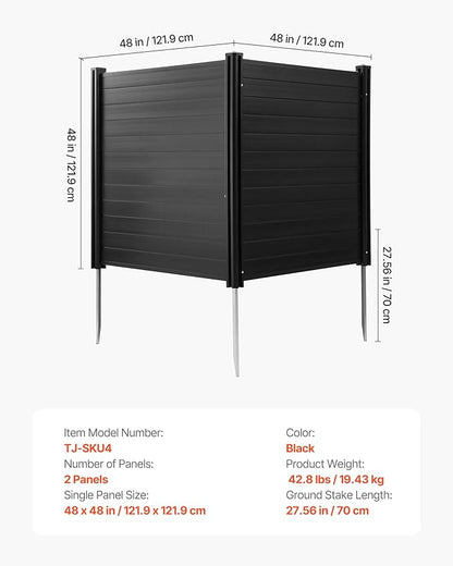 VEVOR 2 Panels Outdoor Privacy Screen, 48 x 48 in Air Conditioner Fence with 27.6 in Ground Stakes, Pool Equipment Enclosure, Horizontal Vinyl Privacy Fence, Ideal for Trash Can and A/C Units, Black