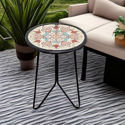 LIFFY Outdoor Metal Side Table,12" Small Outdoor Accent Table with Glass Top,Indoor Round Home Decorative End Table,Weather Resistant Patio Plant Stands Outside for Garden Bedroom Kitchen Balcony