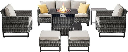 Belord 7 Pieces Patio Furniture Set with 50000BTU Propane Fire Pit Table: Wicker Patio Conversation Set with Outdoor Club Chairs Patio Couch Metal Side Table, All Weather Brown Rattan