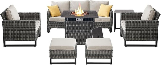 Belord 7 Pieces Patio Furniture Set with 50000BTU Propane Fire Pit Table: Wicker Patio Conversation Set with Outdoor Club Chairs Patio Couch Metal Side Table, All Weather Brown Rattan