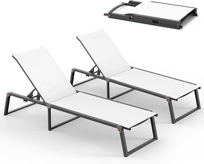 Aluminum Chaise Lounge Outdoor Set of 2, Foldable & Assembly Free Patio Pool Lounge Chairs 5-Position Recliner for Outside Poolside, Fully grounded legs Sun Lounger for Beach, Yard, Bright White