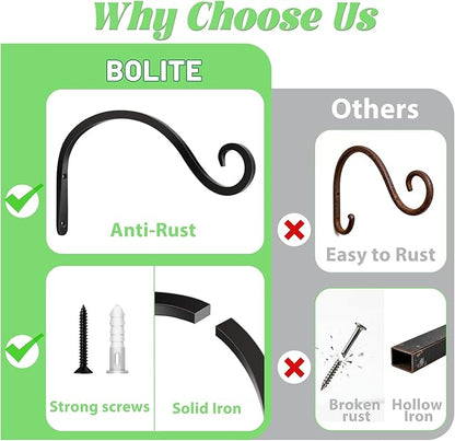 BOLITE Plant Hangers Outdoor Indoor, 8 Inch Wall Plant Hooks, Metal Bird Feeder Hanger for Hummingbird Feeders, Planters, Lanterns, Wind Chimes, Home Decor, 2 Pack, Black, Gifts for Women Men