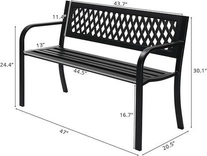VINGLI 47'' Outdoor Bench, Weather Resistant Garden Patio Bench Powder Coated Iron Frame w/PVC Mesh Backrest Slatted Seat, 2-Person Outdoor Furniture for Front Porch Entryway Park (Black)