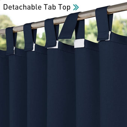 NICETOWN 2 Panels Navy Blue Outdoor Curtainss for Patio Waterproof, Self-Stick Detachable Tab Top Blackout Thermal Insulated Public Dividers Vertical Drapes for Front Porch & Canvas, W52 x L84
