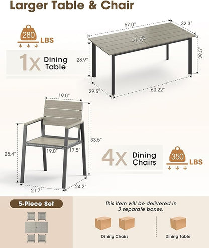 Outdoor Patio Dining Set for 4，Aluminum & HDPS Patio Table and Chairs Set with Umbrella Hole, Modren 5 Peice Patio Furniture Set, All-Weather Dining Table and 4 Chairs (Classic Gray)