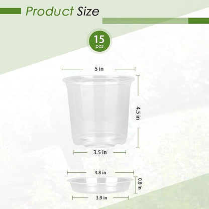 5 Inch Clear Nursery Pots for Plants with Sacuers 15 Pack, Plastic Flower Pots with Drainage Holes, Variety Pack Seedlings Garden Pot for Indoor Outdoor (5 inch)