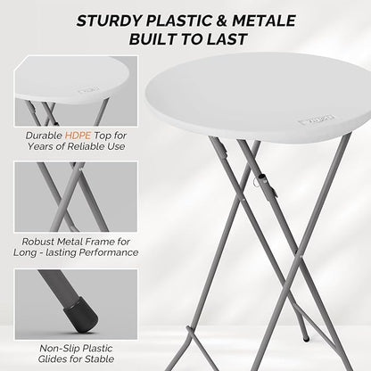 VINGLI 24" Plastic Folding Round Table Bar Height, HDPE Matrial with Gray Metal Finish, High Top Table for Outdoor Party, Cafes, Restaurants, Backyard, Dining Room, Wedding Event,1 Pack, White