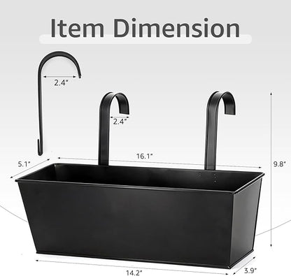3 Pack Metal Railing Planters, 16 Inch Large Rectangular Hanging Flower Pots with Detachable Hooks & Drainage Holes, Fits Rails up to 2.5", Galvanized Iron Window Box for Balcony Garden - Black