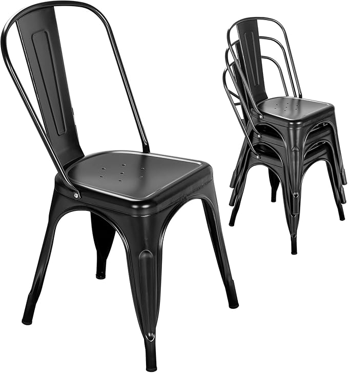 Patio Dining Chairs, Black Metal Farmhouse Stackable Set of 4
