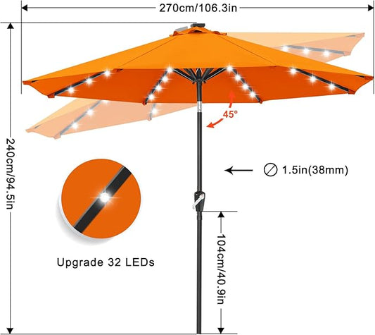 Durable Solar Led Patio Umbrellas with 32LED Lights ( ) in Orange, 9FT
