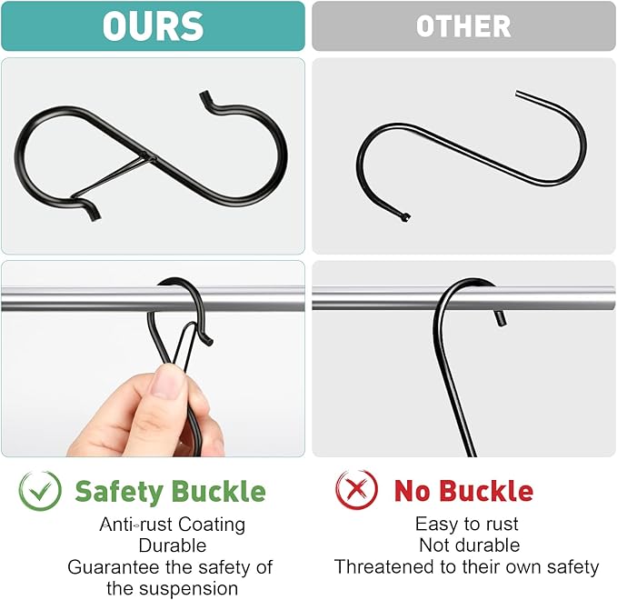Navona 40 Pcs S Hooks for Hanging Heavy Duty, 3.5-inch Heavy Duty Metal S Hook with Safety Buckle, Suitable for 0.5 inch Rods, S Hook for Hanging Plants, Closet, Kitchen Utensil, Pot, Pan, Bags