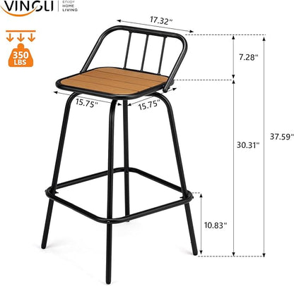 VINGLI 2 PCS Outdoor Swivel Bar Stools, 30 Inch Metal Barstools with Backrest & Footrest, 360° Rotating All-Weather Stools for Garden, Balcony, Kitchen Island (Teak)