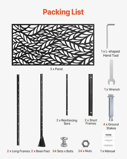 VEVOR Metal Privacy Screen, 47" W x 72" H, Outdoor Privacy Screens & Panels, Freestanding Outdoor Divider with Stand, 3-Panel Decorative Garden Steel Privacy Fence for Balcony Patio Indoor Room Black