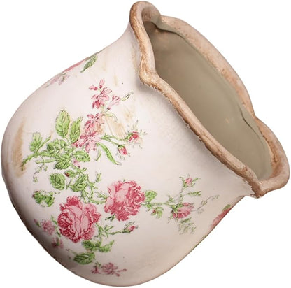 Shabby Chic Flower Pot, 6.11 Inch Ceramic Planter with Drainage for Indoor Plants, Vintage Ceramic Vase, Country Chic Spring Garden Home Decor, Pink Rose Floral