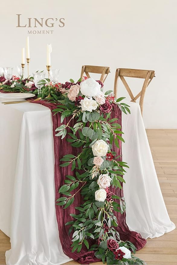 Artificial Floral Garland, 6 Ft Eucalyptus with Marsala and Blush Roses