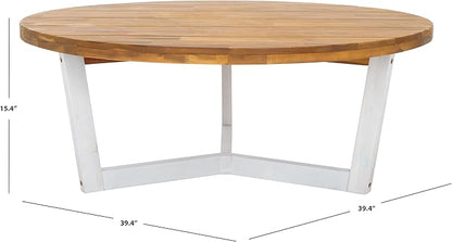 SAFAVIEH Outdoor Collection Leo Natural/White 3-Leg Round Coffee Table, Ideal for Deck, Patio, Backyard, Sunroom