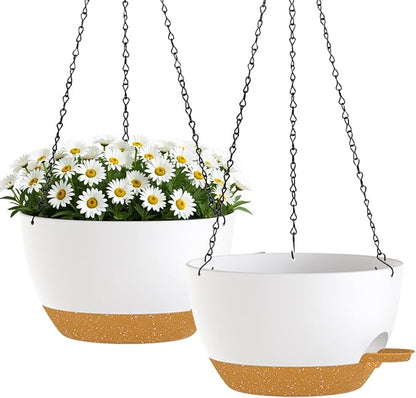 2 Pack 10 Inch Self Watering Hanging Planters for Indoor Plants, Large White Brown Plastic Hanging Pots with Chains for Outdoor Patio Garden Home Decor (White Brown)