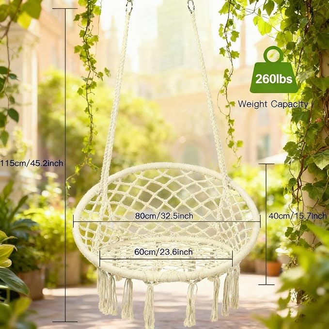 Hammock Chair, Beige Macrame Cotton Swing, 55 x 30 Inch
